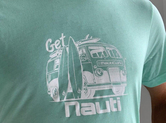 NautiCurl Get Nauti Tee Shirt tshirt t-shirt turqoise VW Bus Surfboard