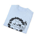 Here for Forced Family Fun T-Shirt | Christmas wreath, reindeer sleigh, house
