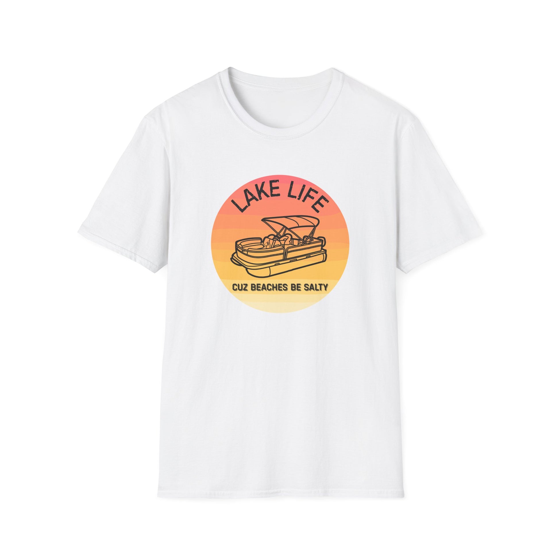 Lake Life boat graphic T-Shirt | sunset pontoon illustration, summer lakewear - NautiCurl LLC