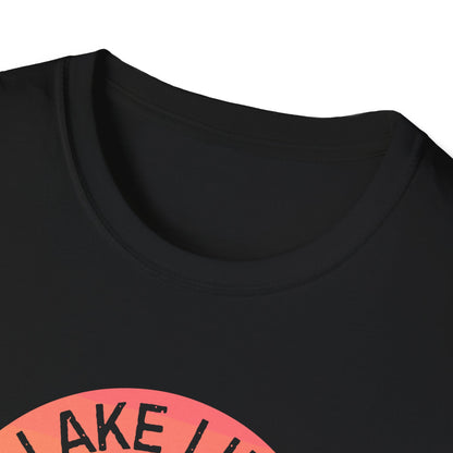 Lake Life boat graphic T-Shirt | sunset pontoon illustration, summer lakewear - NautiCurl LLC
