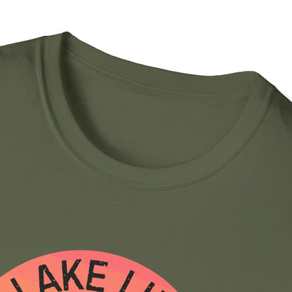 Lake Life boat graphic T-Shirt | sunset pontoon illustration, summer lakewear - NautiCurl LLC