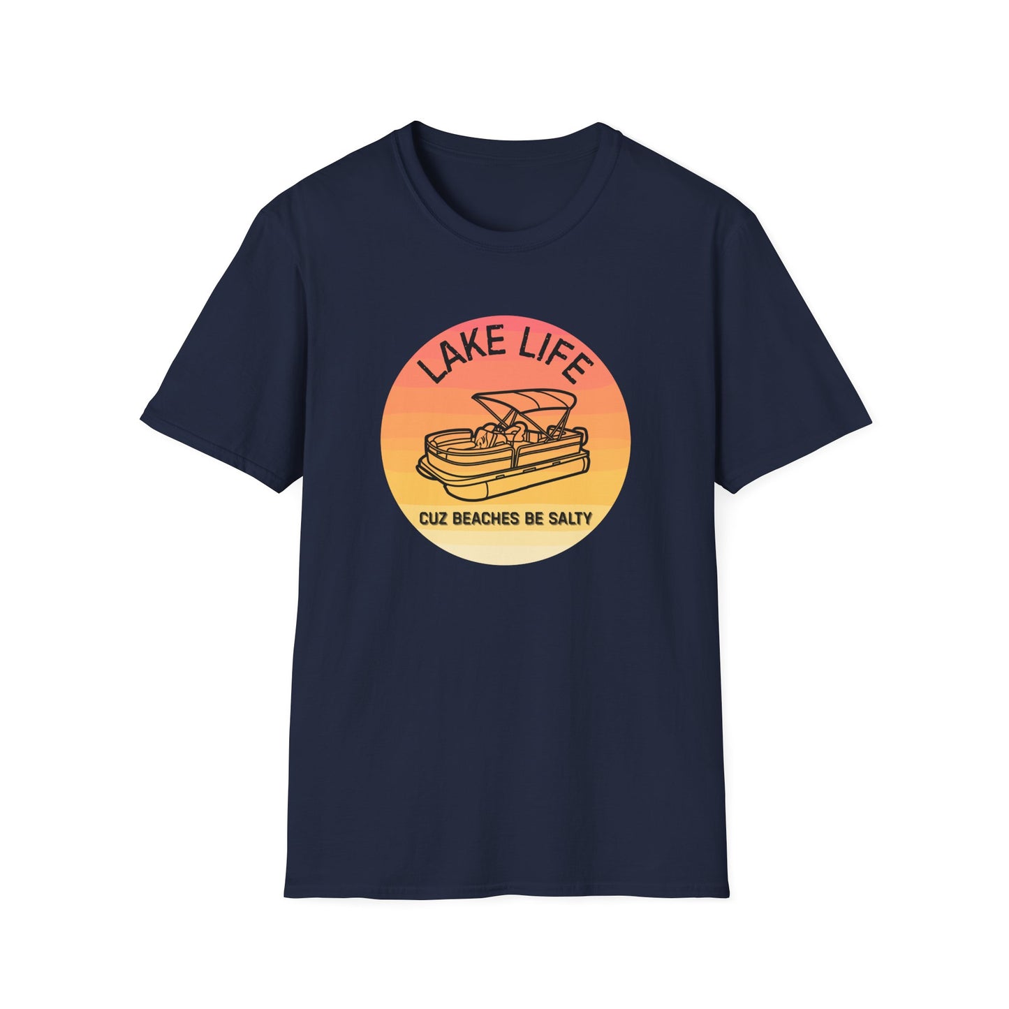 Lake Life boat graphic T-Shirt | sunset pontoon illustration, summer lakewear - NautiCurl LLC