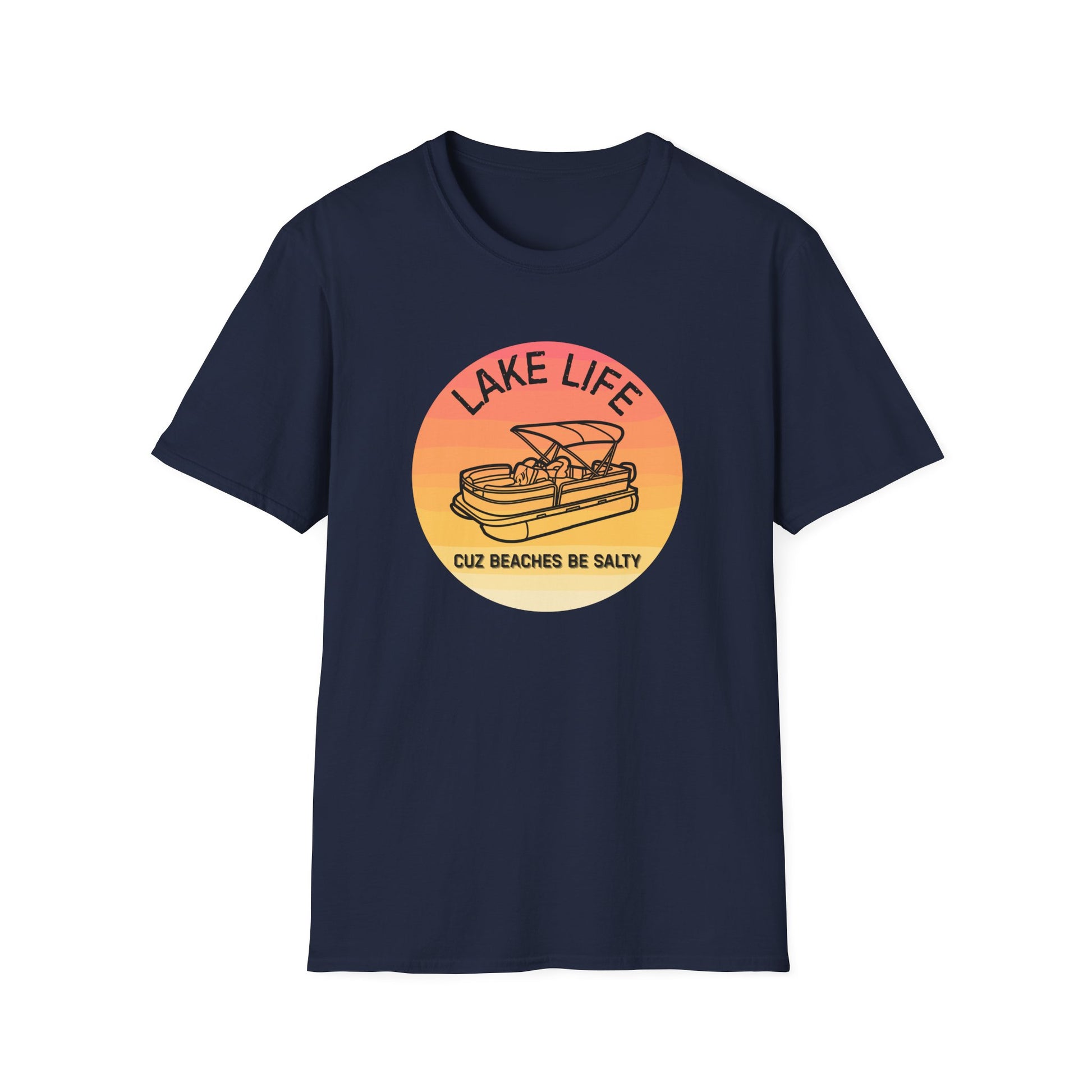 Lake Life boat graphic T-Shirt | sunset pontoon illustration, summer lakewear - NautiCurl LLC
