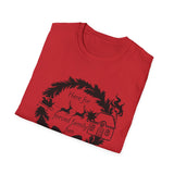 Here for Forced Family Fun T-Shirt | Christmas wreath, reindeer sleigh, house