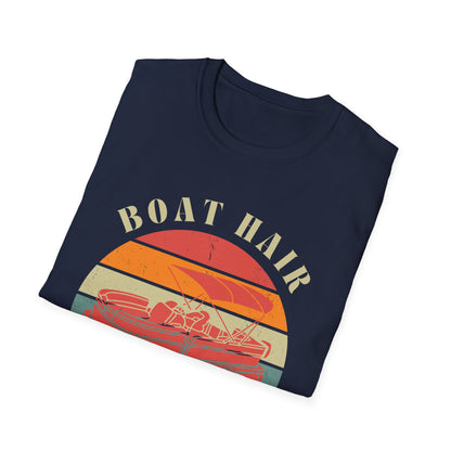 Boat Hair Don't Care T-Shirt | Retro Sunset Boat Illustration