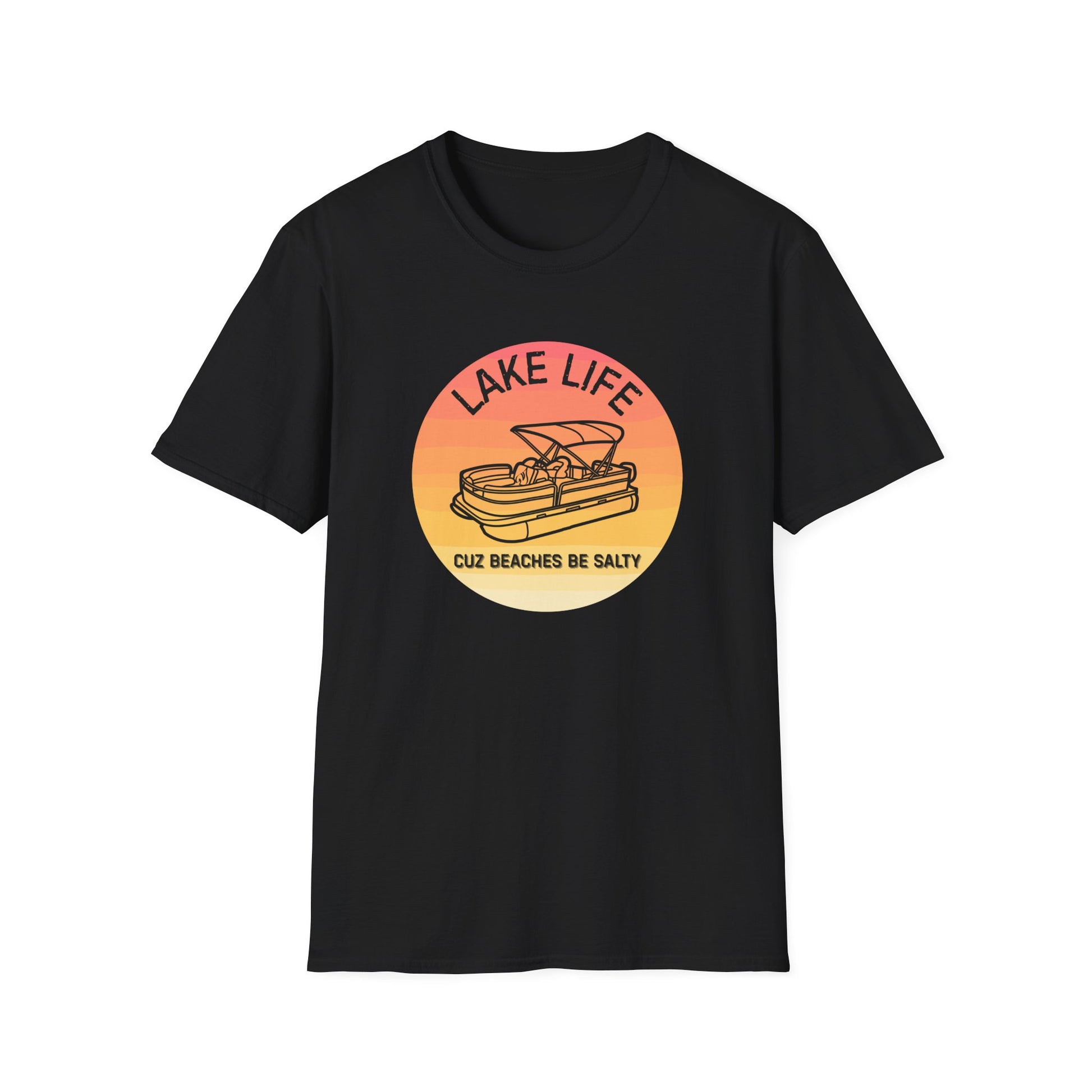 Lake Life boat graphic T-Shirt | sunset pontoon illustration, summer lakewear - NautiCurl LLC