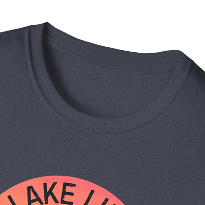 Lake Life boat graphic T-Shirt | sunset pontoon illustration, summer lakewear - NautiCurl LLC