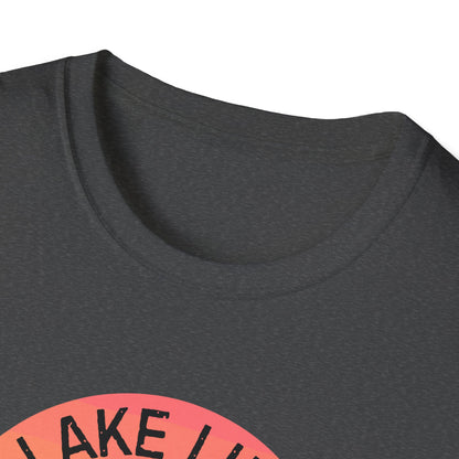 Lake Life boat graphic T-Shirt | sunset pontoon illustration, summer lakewear - NautiCurl LLC