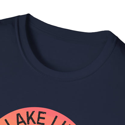 Lake Life boat graphic T-Shirt | sunset pontoon illustration, summer lakewear - NautiCurl LLC