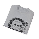 Here for Forced Family Fun T-Shirt | Christmas wreath, reindeer sleigh, house