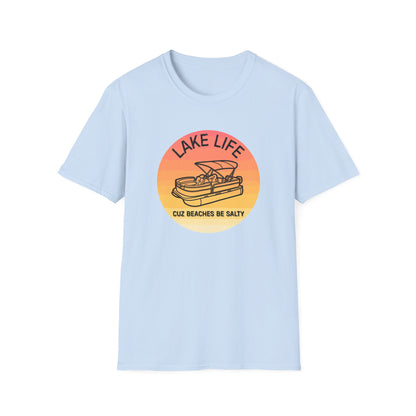 Lake Life boat graphic T-Shirt | sunset pontoon illustration, summer lakewear - NautiCurl LLC