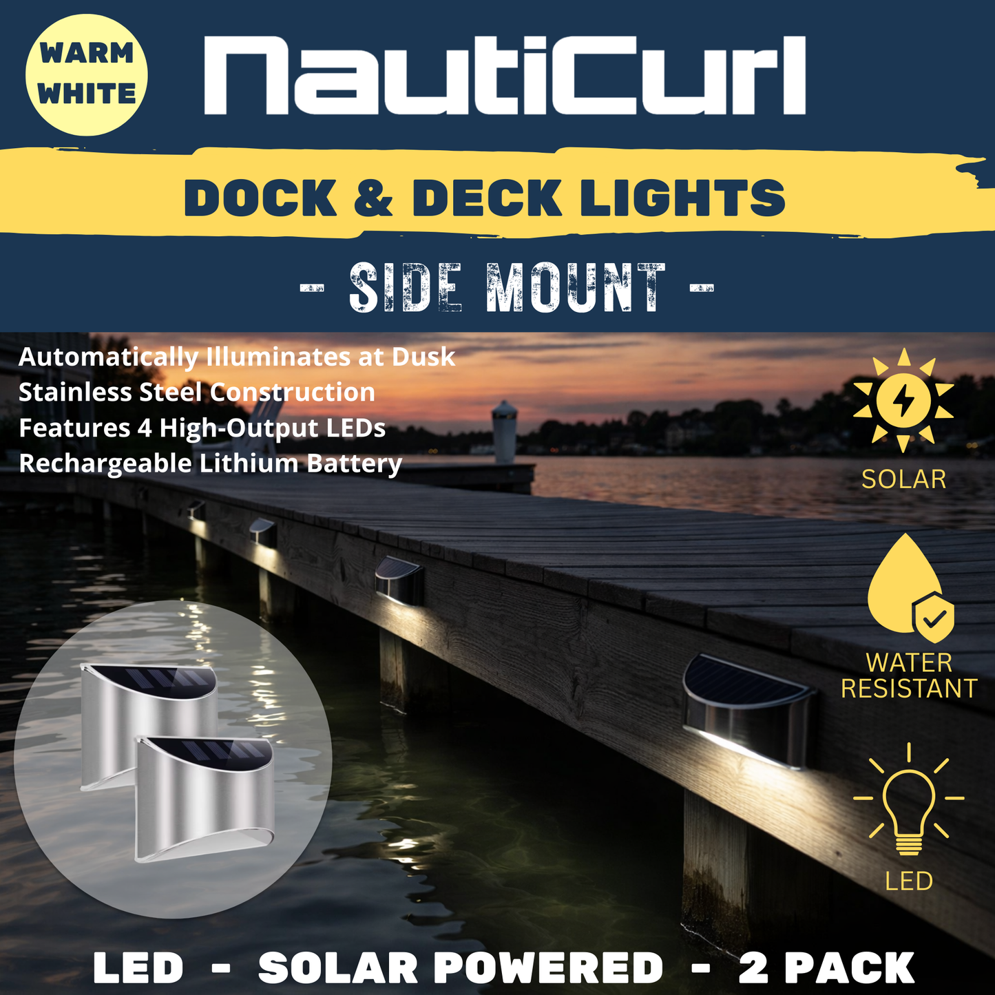 LED Dock & Deck Side Mount Lights - Solar Powered Light (2-Pack) - NautiCurl LLC