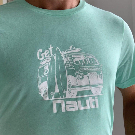 NautiCurl Get Nauti Tee Shirt tshirt t-shirt turqoise VW Bus Surfboard